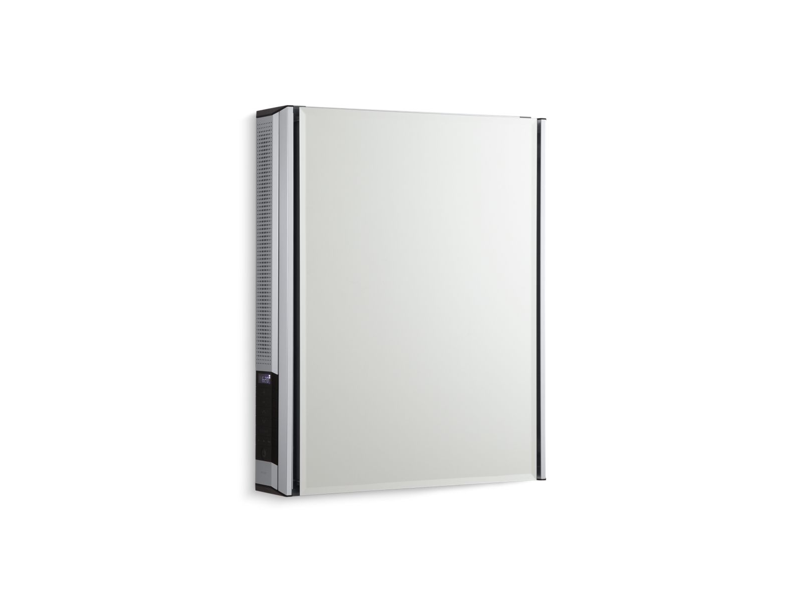 20" W x 26" H aluminum single-door medicine cabinet with mirrored door and StereoStik™, beveled edges
