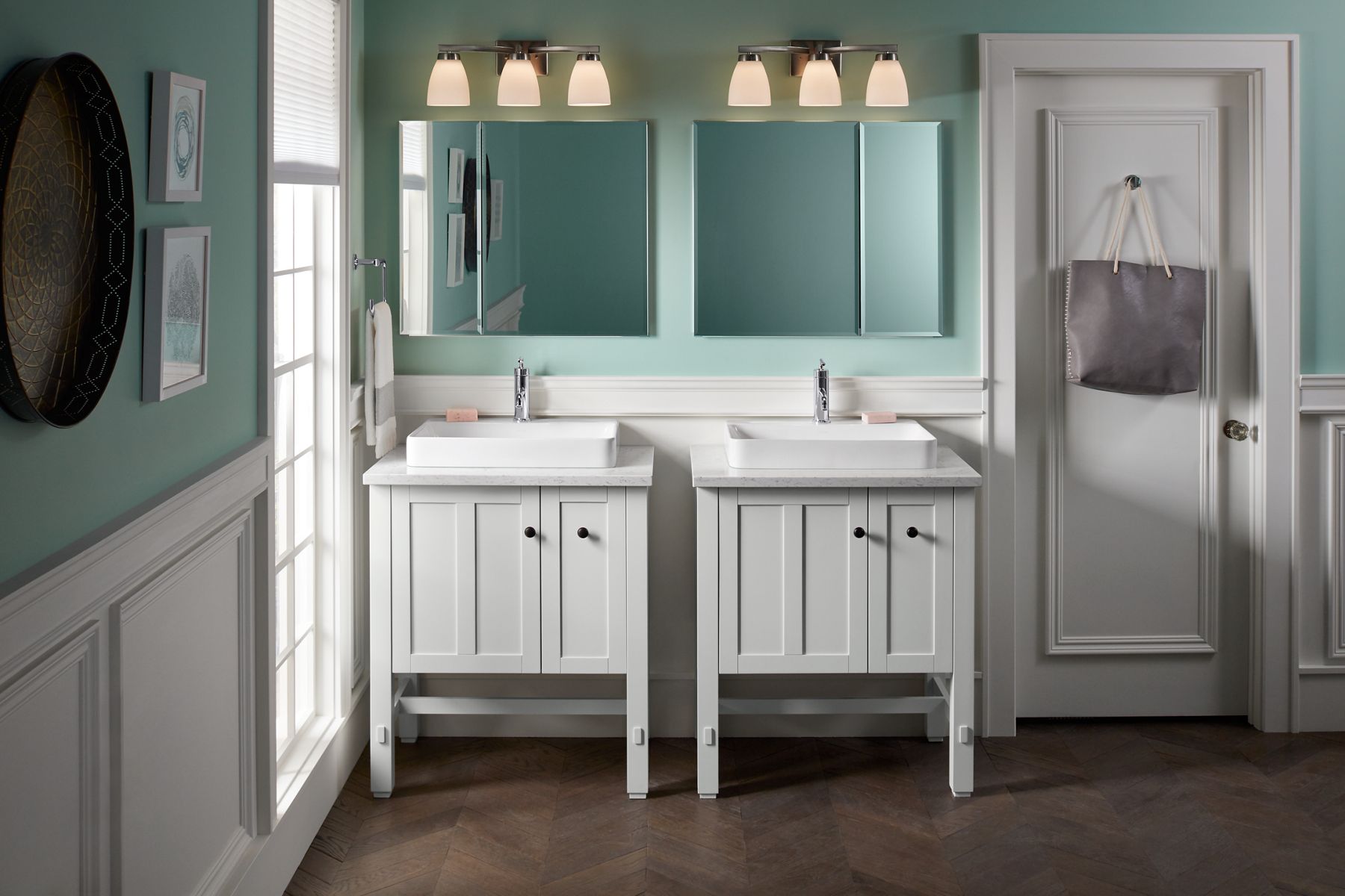 30" W x 26" H aluminum two-door medicine cabinet with mirrored doors, beveled edges