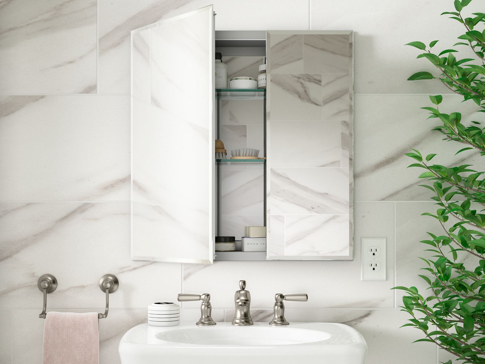 25" W x 26" H aluminum two-door medicine cabinet with mirrored doors, beveled edges