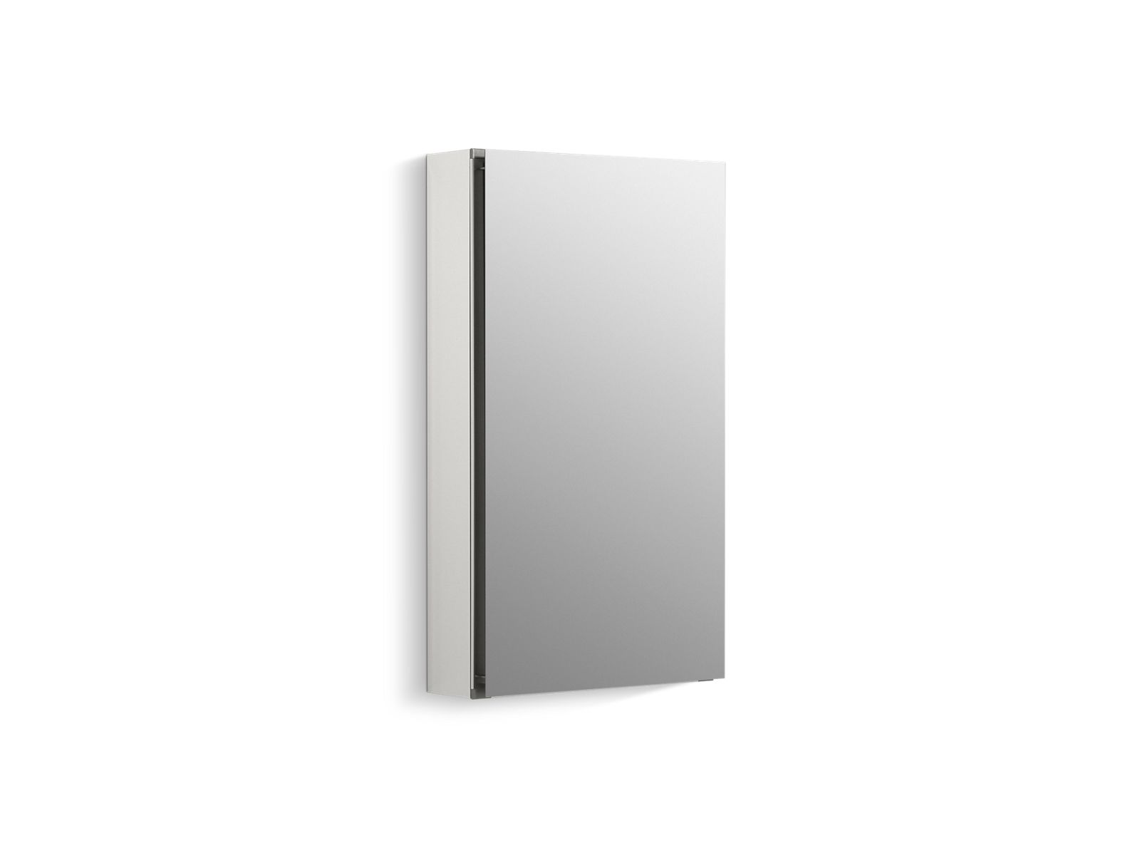 15" W x 26" H aluminum single-door medicine cabinet with mirrored door and white interior