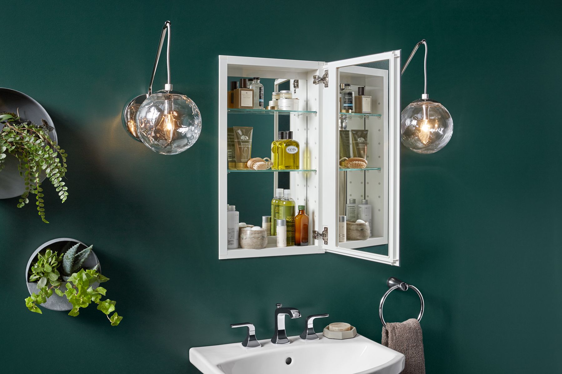 15" W x 26" H aluminum single-door medicine cabinet with mirrored door and white interior