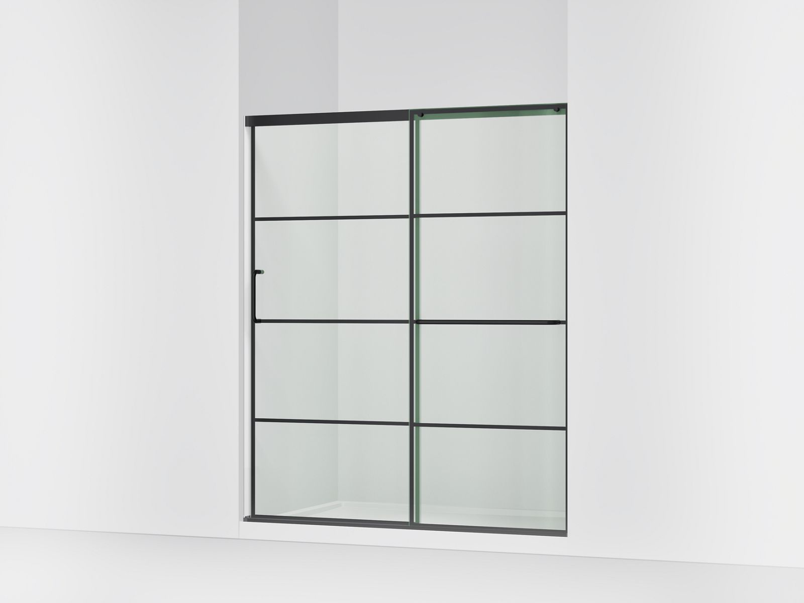 Elate® Sliding shower door, 75-1/2" H x 62-1/4 - 65-5/8" W, with heavy 5/16" thick Crystal Clear glass with rectangular grille pattern