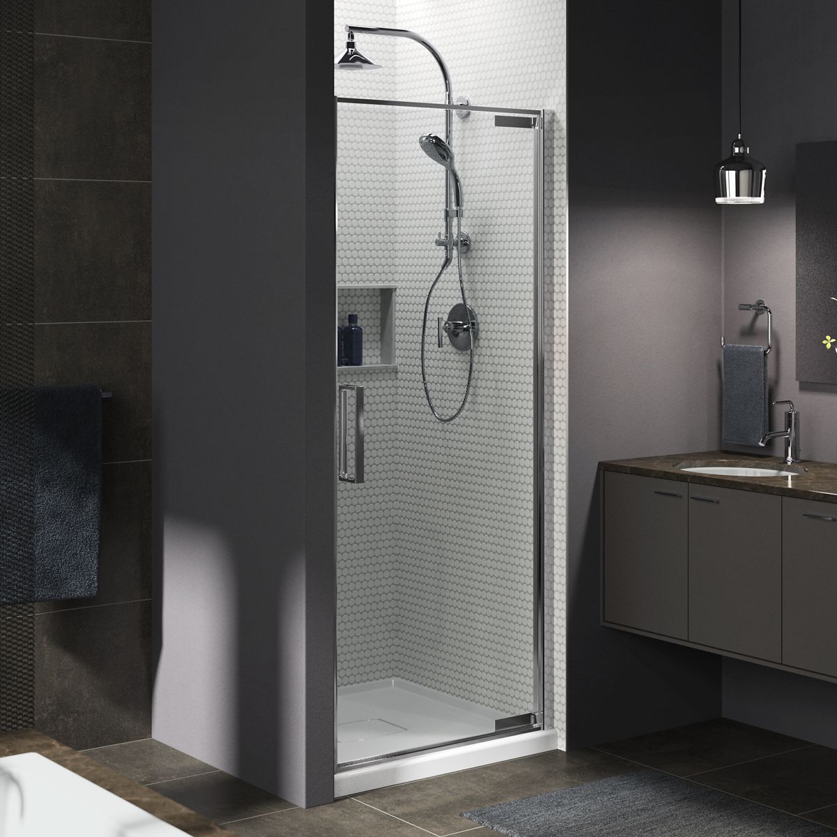 Torsion® Pivot shower door, 77" H x 33-7/8 - 35-7/16" W, with 5/16" thick Crystal Clear glass