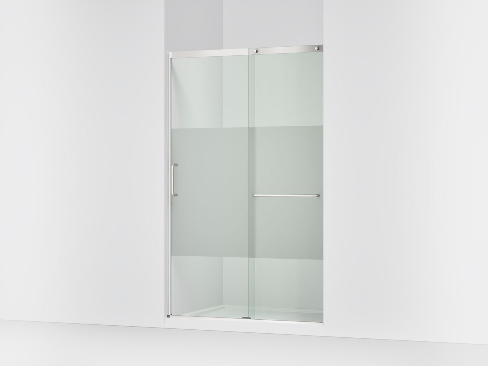 Elate® Sliding shower door, 75-1/2" H x 50-1/4 - 53-5/8" W, with heavy 5/16" thick Crystal Clear glass with privacy band