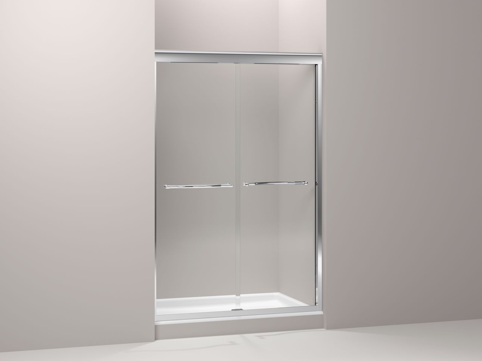 Devonshire(R) frameless sliding shower door with 3/8" thick Crystal Clear glass and towel bar handles, 44-5/8" - 47-5/8" x 70-5/16"