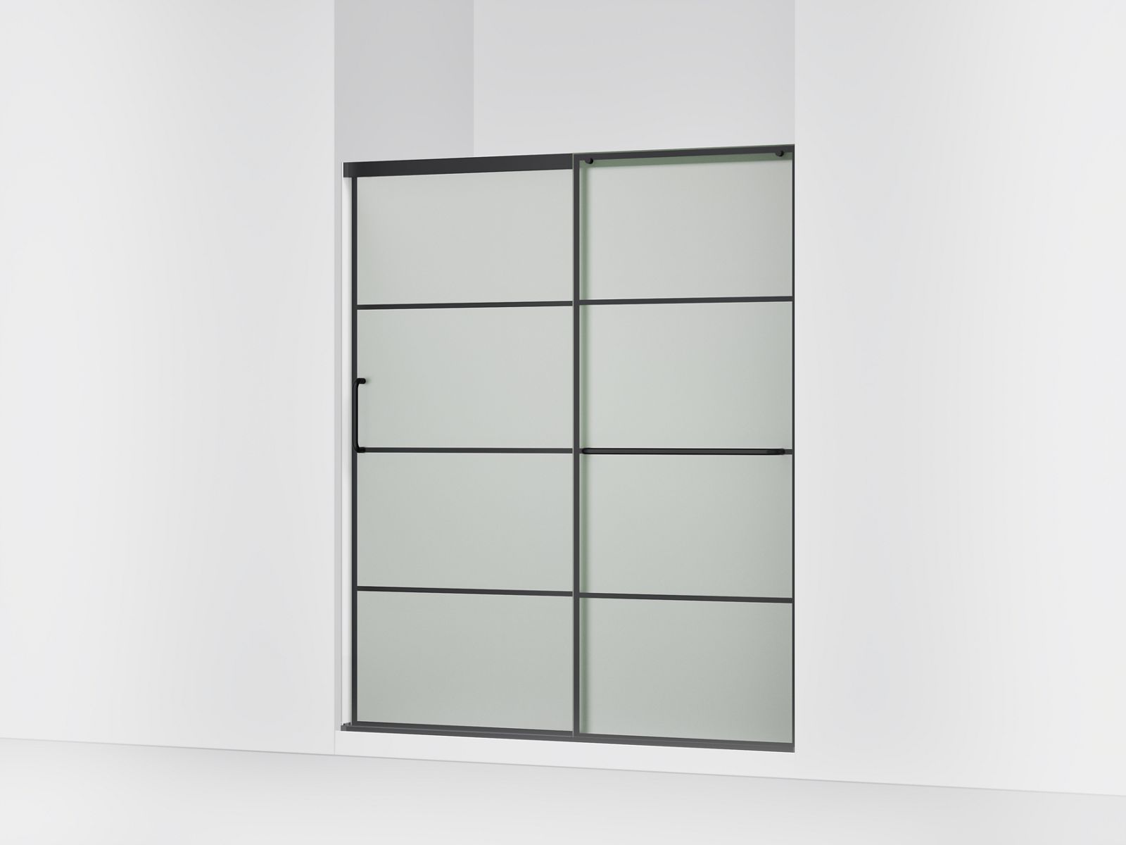 Elate® Sliding shower door, 75-1/2" H x 62-1/4 - 65-5/8" W, with heavy 5/16" thick Frosted glass with rectangular grille pattern