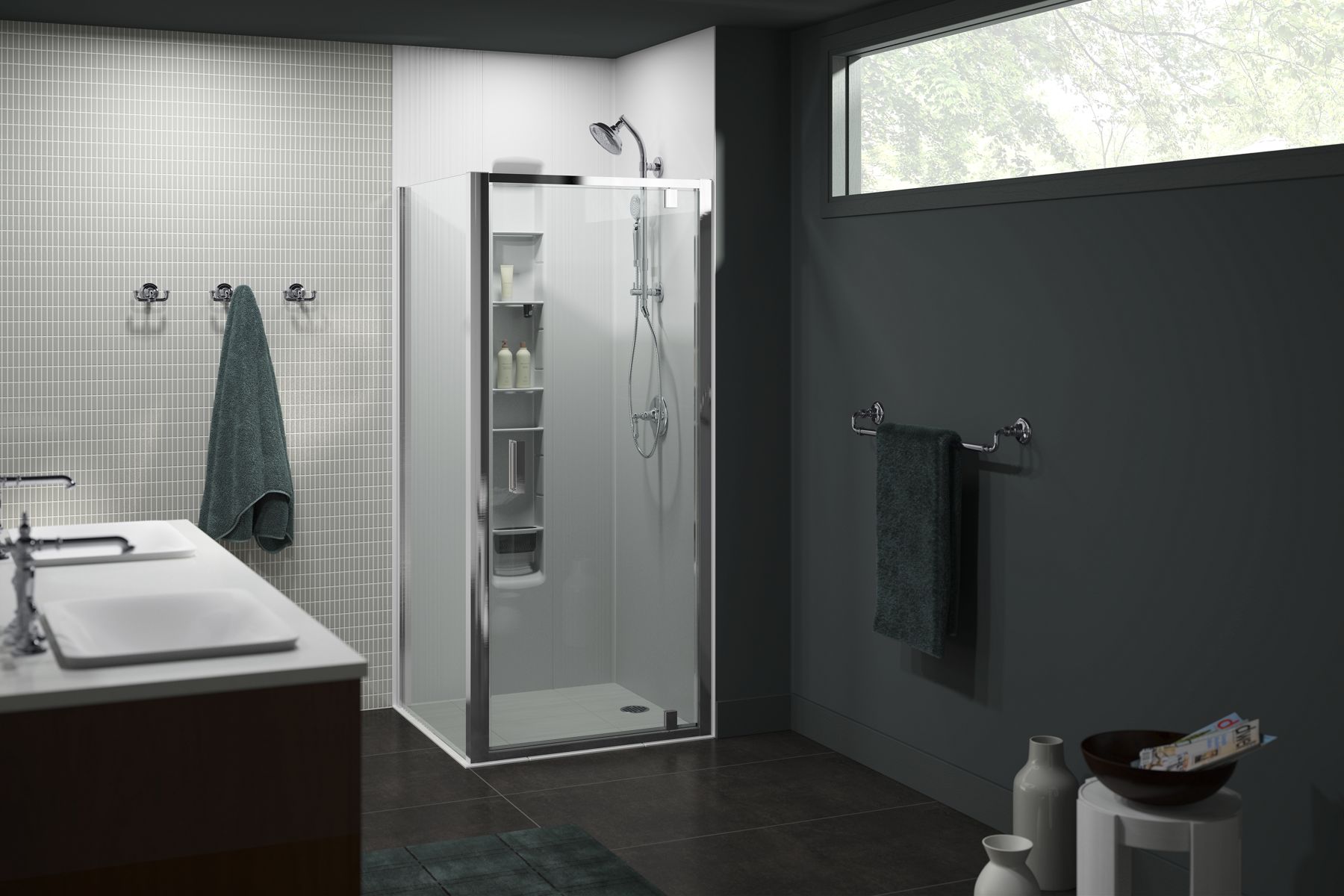Aerie® Pivot shower door with return panel, 75" H x 33-7/16 - 35-13/16" W, with 5/16" thick Crystal Clear glass