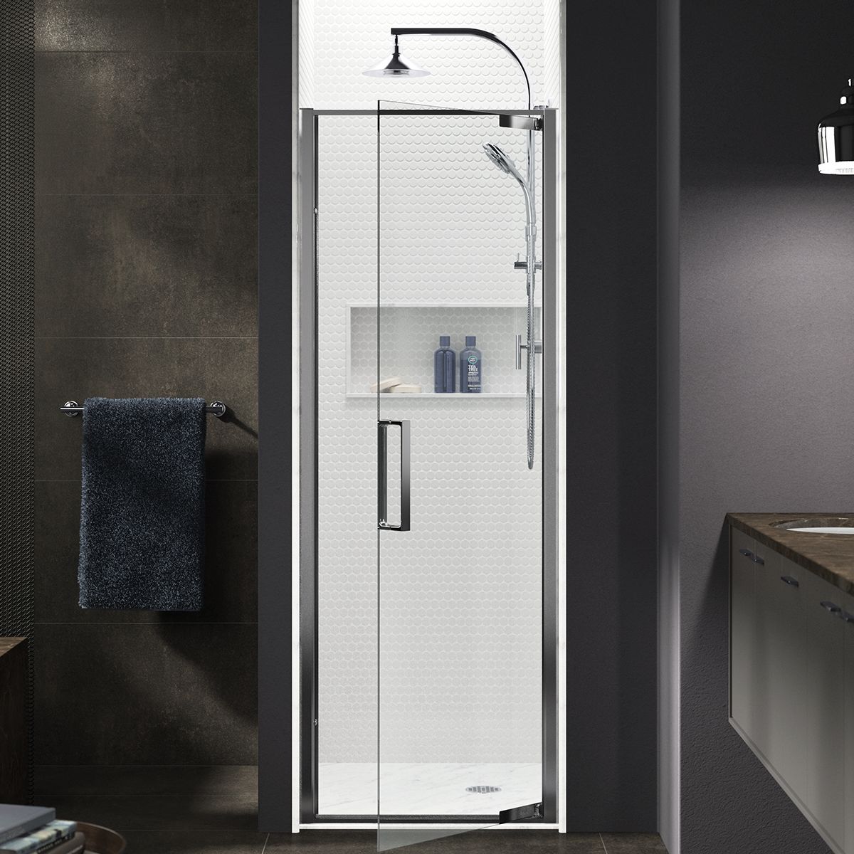 Torsion® Pivot shower door, 77" H x 28-5/16 - 29-15/16" W, with 5/16" thick Crystal Clear glass