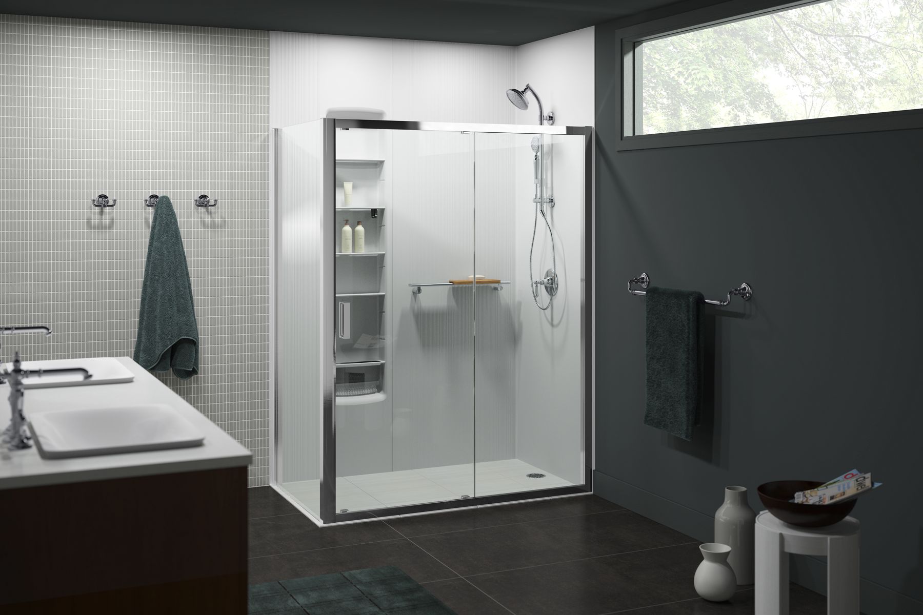 Aerie® Sliding shower door with return panel, 75" H x 57-1/16 - 59-7/16" W, with 5/16" thick Crystal Clear glass
