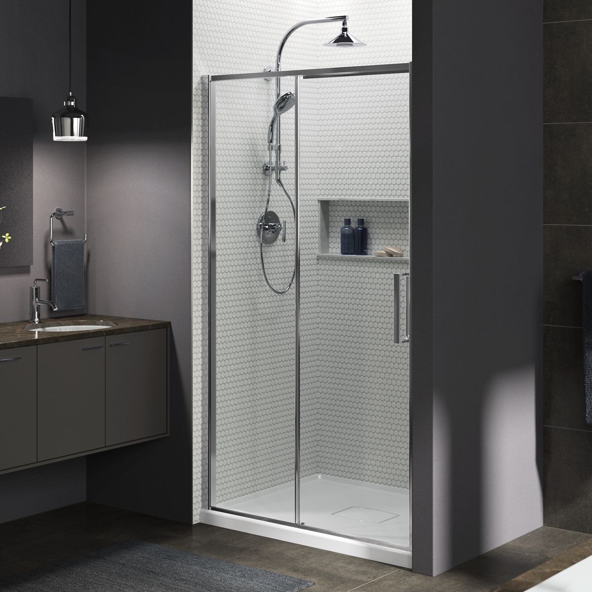 Torsion® Frameless sliding shower door, 77" H x 45-11/16 - 47-1/4" W, with 5/16" thick Crystal Clear glass