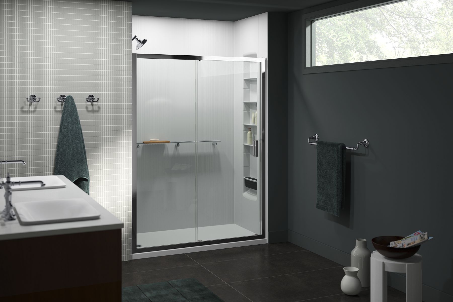 Aerie® Sliding shower door, 75" H x 57-1/16 - 59-7/16" W, with 5/16" thick Crystal Clear glass