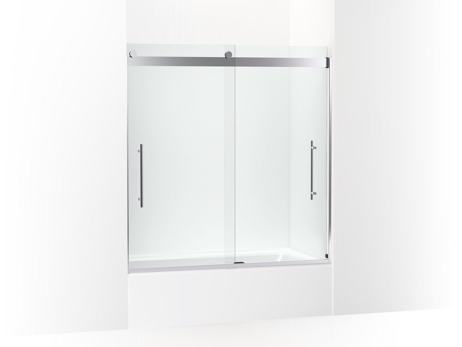 Levity® Plus Frameless sliding bath door, 61-9/16" H x 56-5/8 - 59-5/8" W, with 5/16"-thick Crystal Clear glass