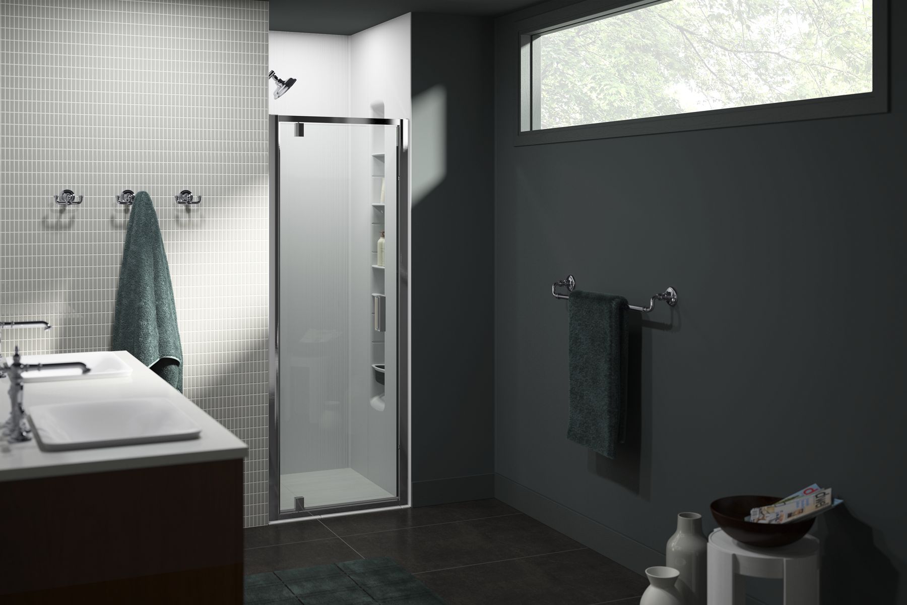 Aerie® Pivot shower door, 75" H x 27-15/16 - 30-5/16" W, with 5/16" thick Crystal Clear glass