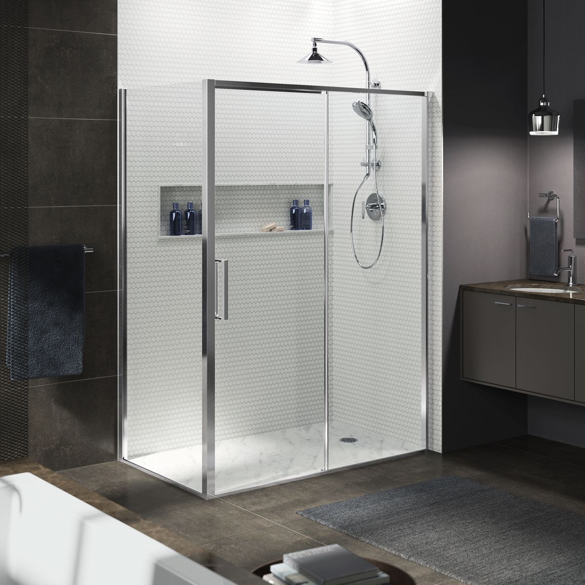 Torsion® Frameless sliding shower door, 77" H x 57-1/2 - 59-1/16" W, with 5/16" thick Crystal Clear glass