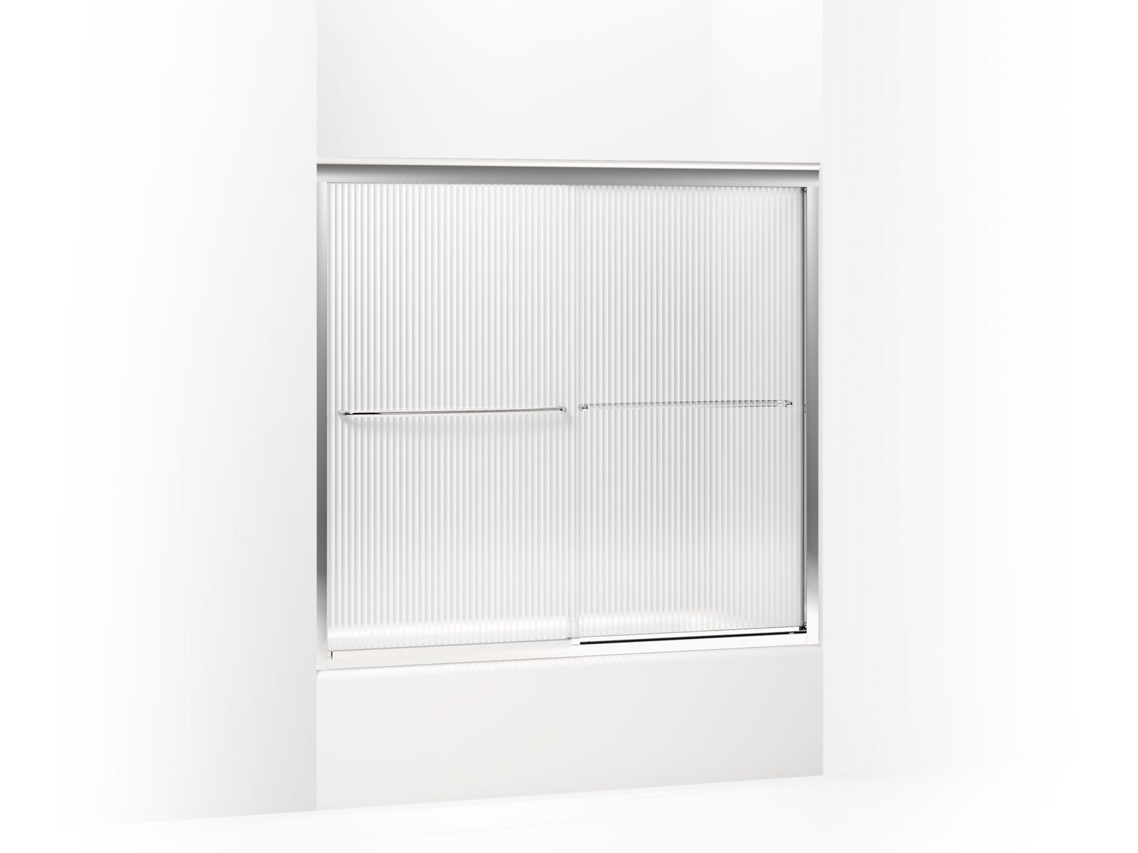 Fluence® Sliding bath door, 55-3/4" H x 54 - 57" W, with 1/4" thick Falling Lines glass
