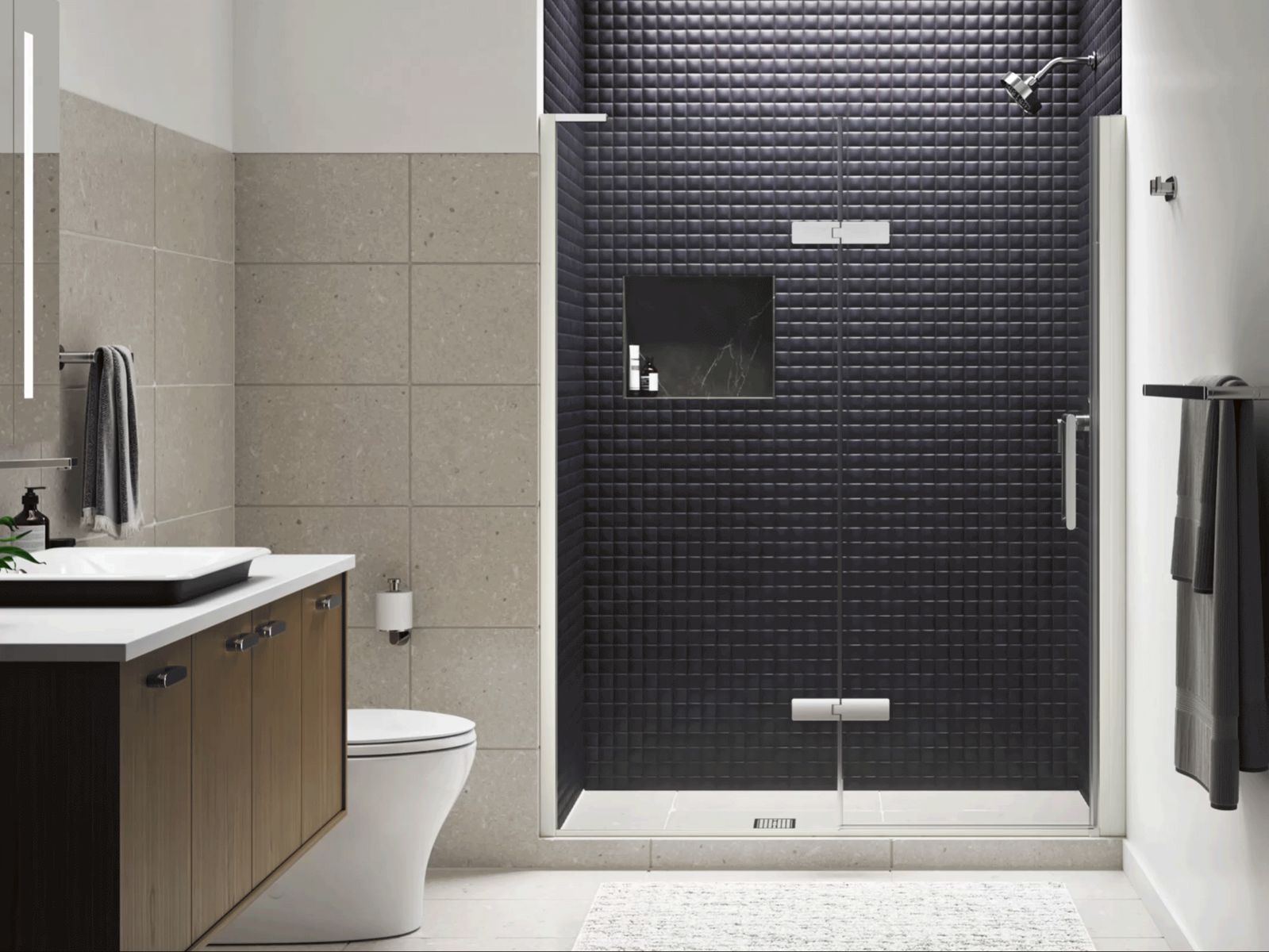 Composed™ Frameless pivot shower door, 73" H x 57 - 58-3/8" W, with 3/8" thick Crystal Clear glass