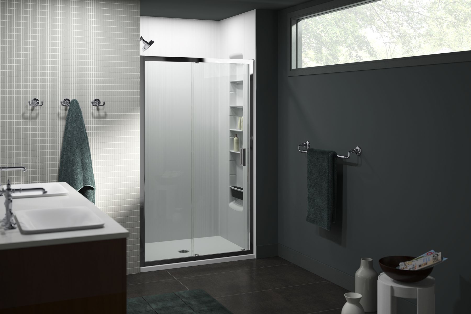 Aerie® Sliding shower door, 75" H x 45-1/4 - 47-5/8" W, with 5/16" thick Crystal Clear glass