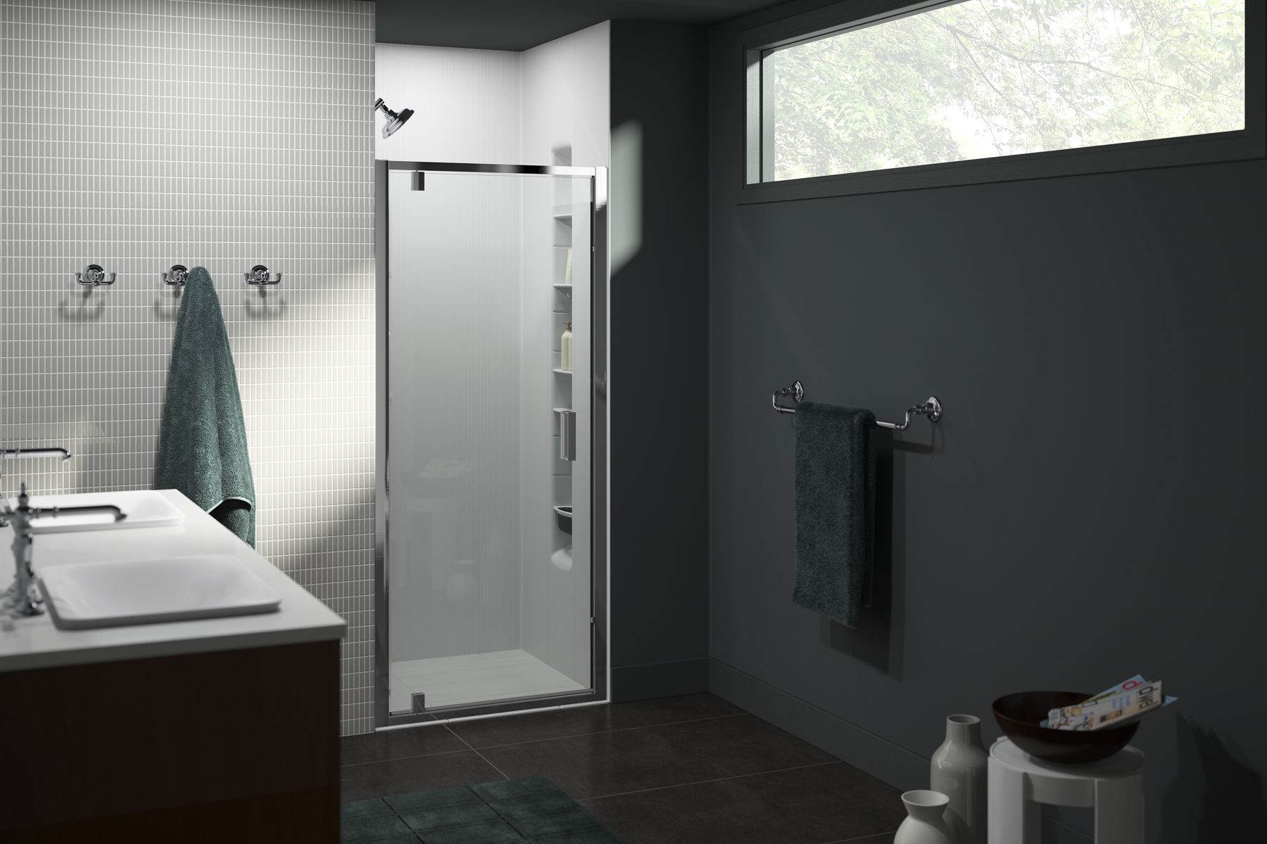 Aerie® Pivot shower door, 75" H x 33-7/16 - 35-13/16" W, with 5/16" thick Crystal Clear glass