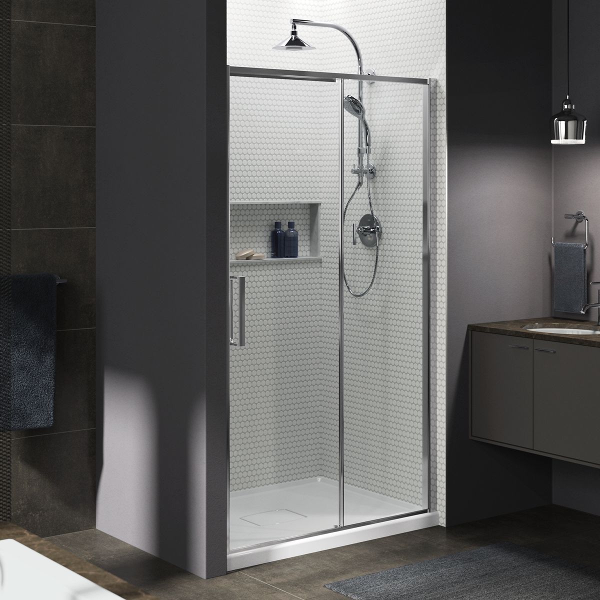Torsion® Frameless sliding shower door, 77" H x 45-11/16 - 47-1/4" W, with 5/16" thick Crystal Clear glass