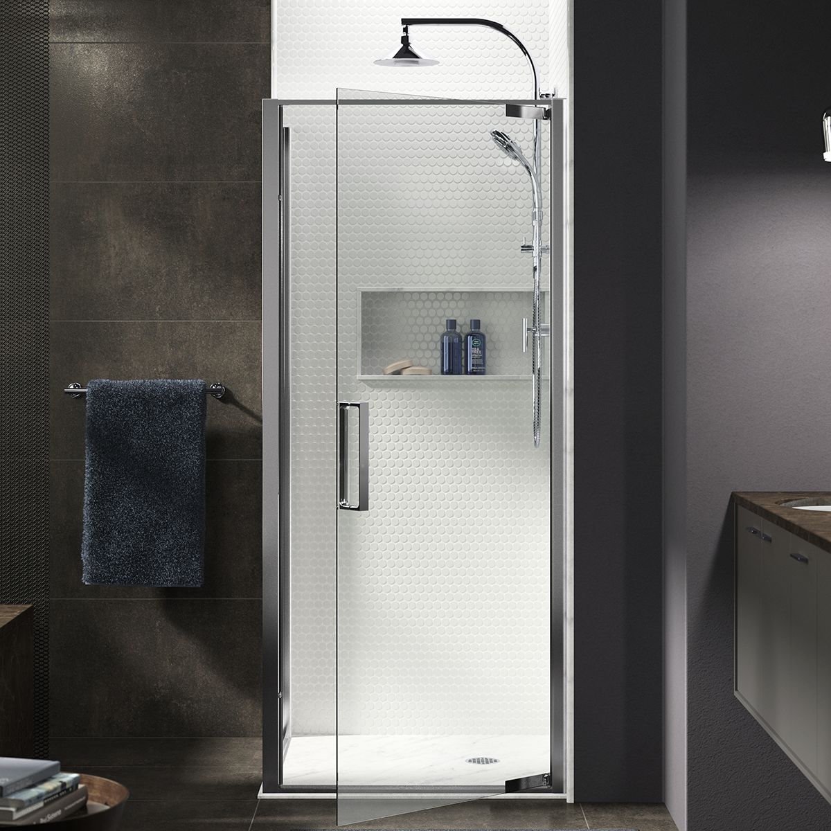 Torsion® Pivot shower door with return panel, 77" H x 33-7/8 - 35-7/16" W, with 5/16" thick Crystal Clear glass