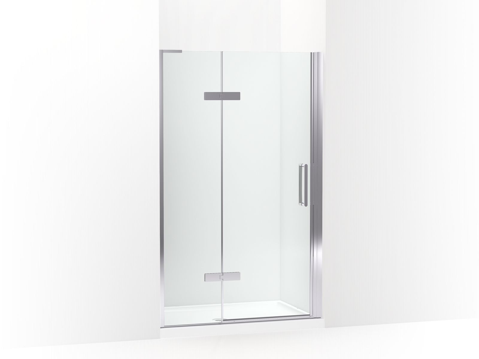 Composed™ Frameless pivot shower door, 73" H x 45 - 46-3/8" W, with 3/8" thick Crystal Clear glass