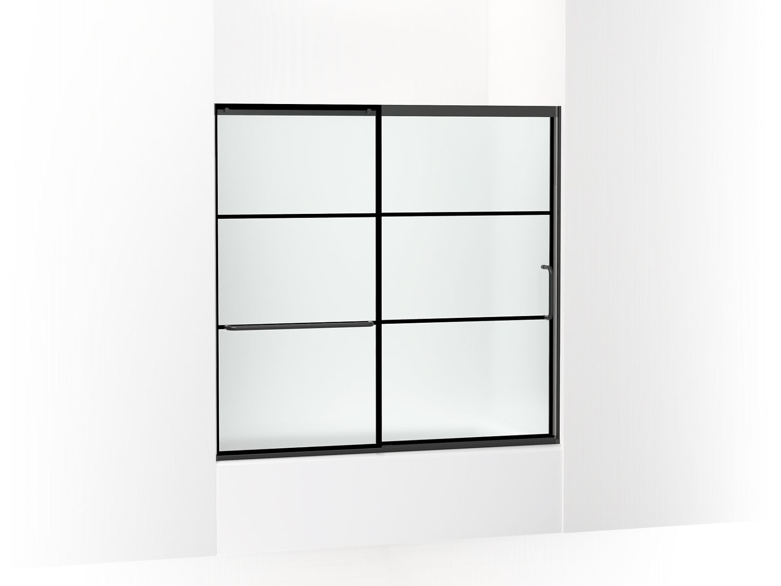 Elate® Sliding bath door, 56-3/4" H x 56-1/4 - 59-5/8" W with heavy 5/16" thick Frosted glass with rectangular grille pattern