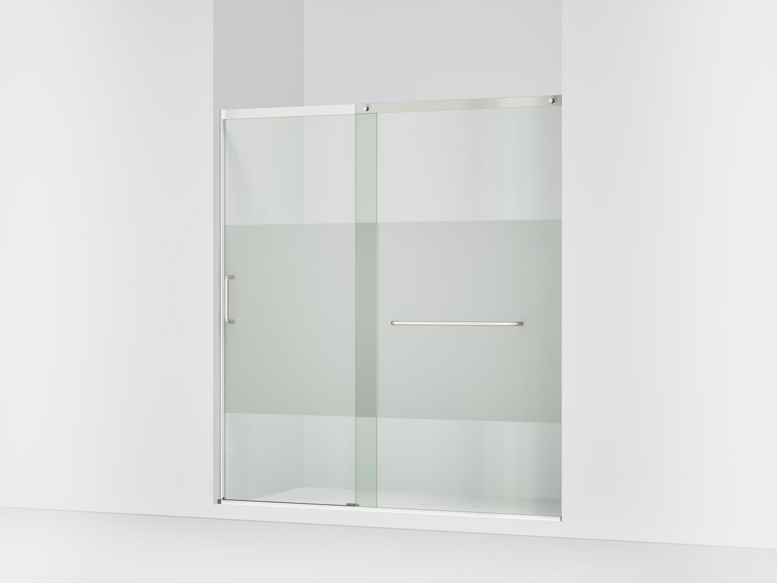 Elate® Sliding shower door, 75-1/2" H x 68-1/4 - 71-5/8" W, with heavy 5/16" thick Crystal Clear glass with privacy band