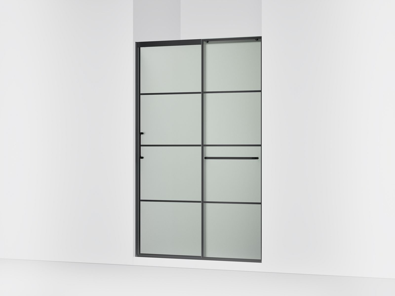 Elate® Sliding shower door, 75-1/2" H x 50-1/4 - 53-5/8" W, with heavy 5/16" thick Frosted glass with rectangular grille pattern