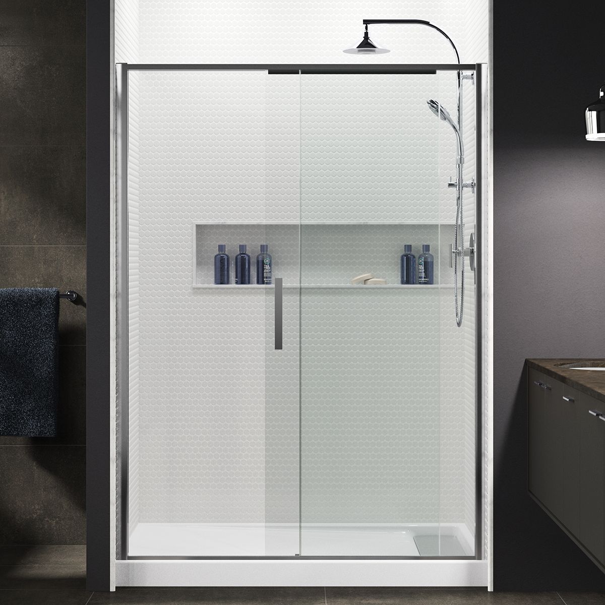 Torsion® Sliding shower door, 77" H x 57-1/2 - 59-1/16" W, with 5/16" thick Crystal Clear glass