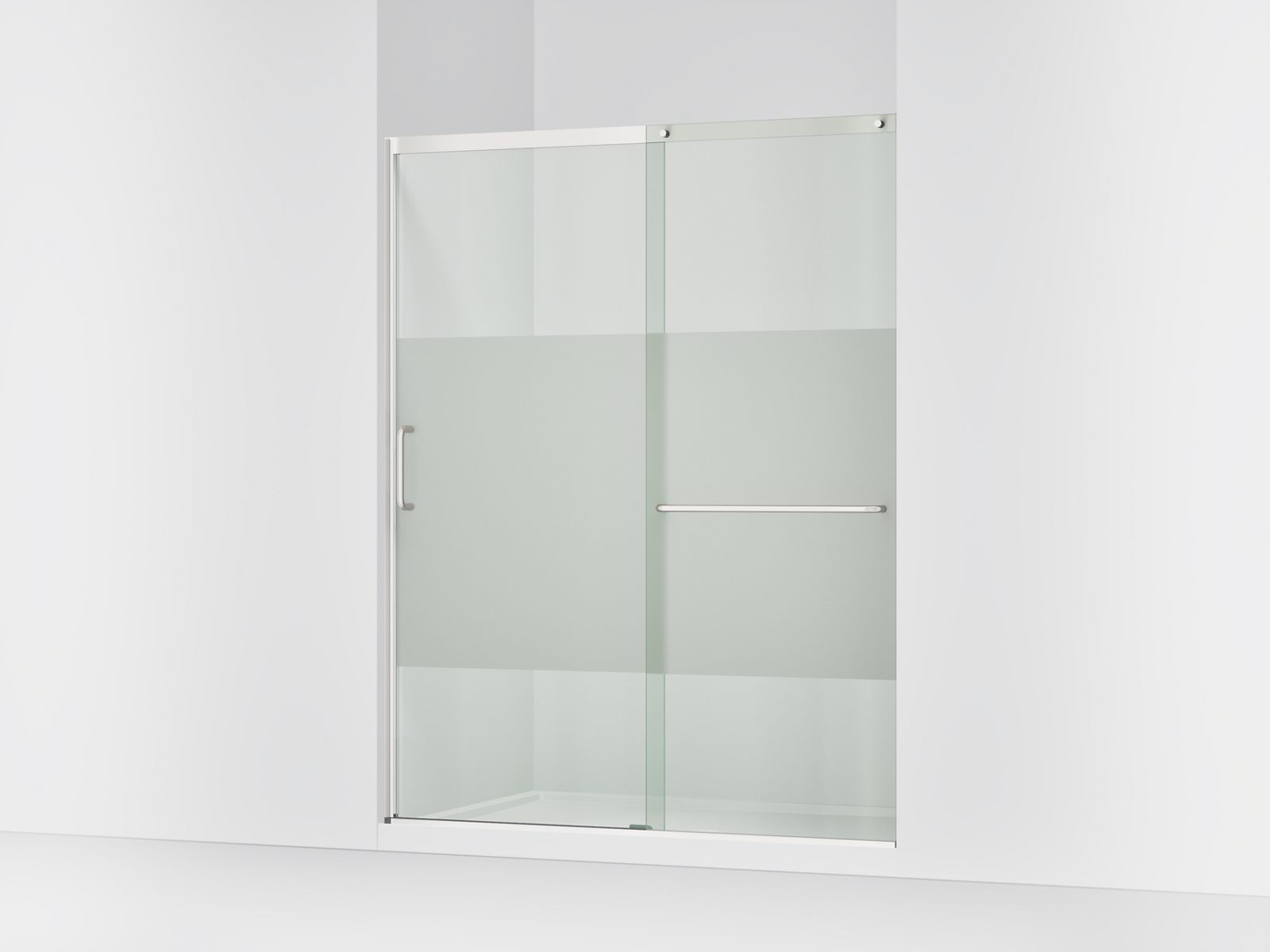 Elate® Sliding shower door, 75-1/2" H x 56-1/4 - 59-5/8" W, with heavy 5/16" thick Crystal Clear glass with privacy band