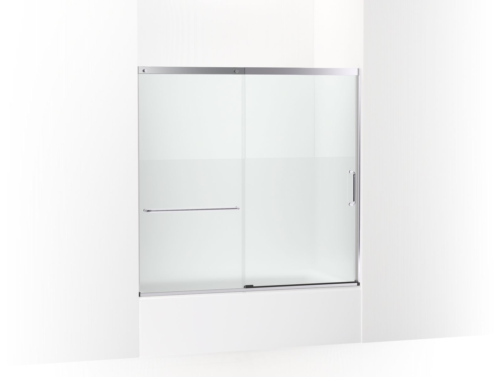 Elate® Sliding bath door, 56-3/4" H x 56-1/4 - 59-5/8" W with heavy 5/16" thick Crystal Clear glass with privacy band