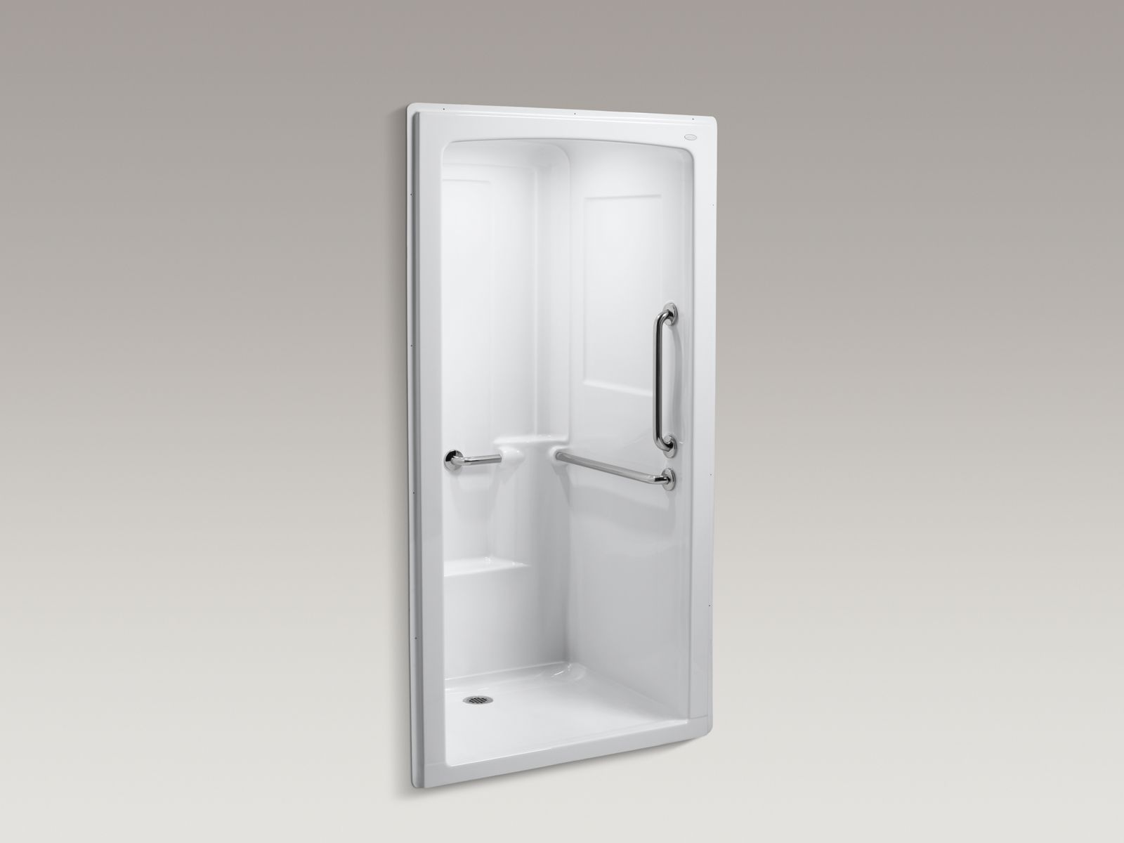 Freewill® 45" x 37-1/4" x 84" barrier-free commercial shower stall with soap ledge on right and nylon grab bars