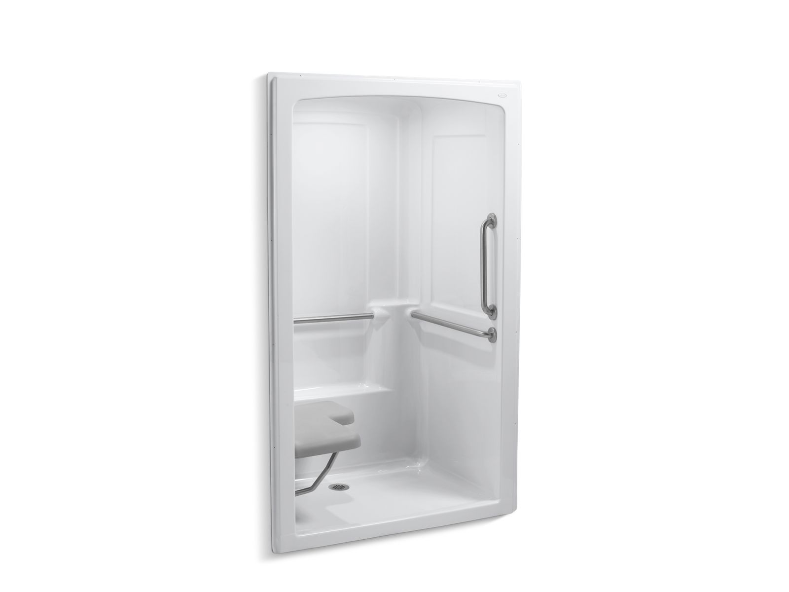 Freewill® 52" x 37-7/16" barrier-free shower stall with brushed stainless steel grab bars and seat at left