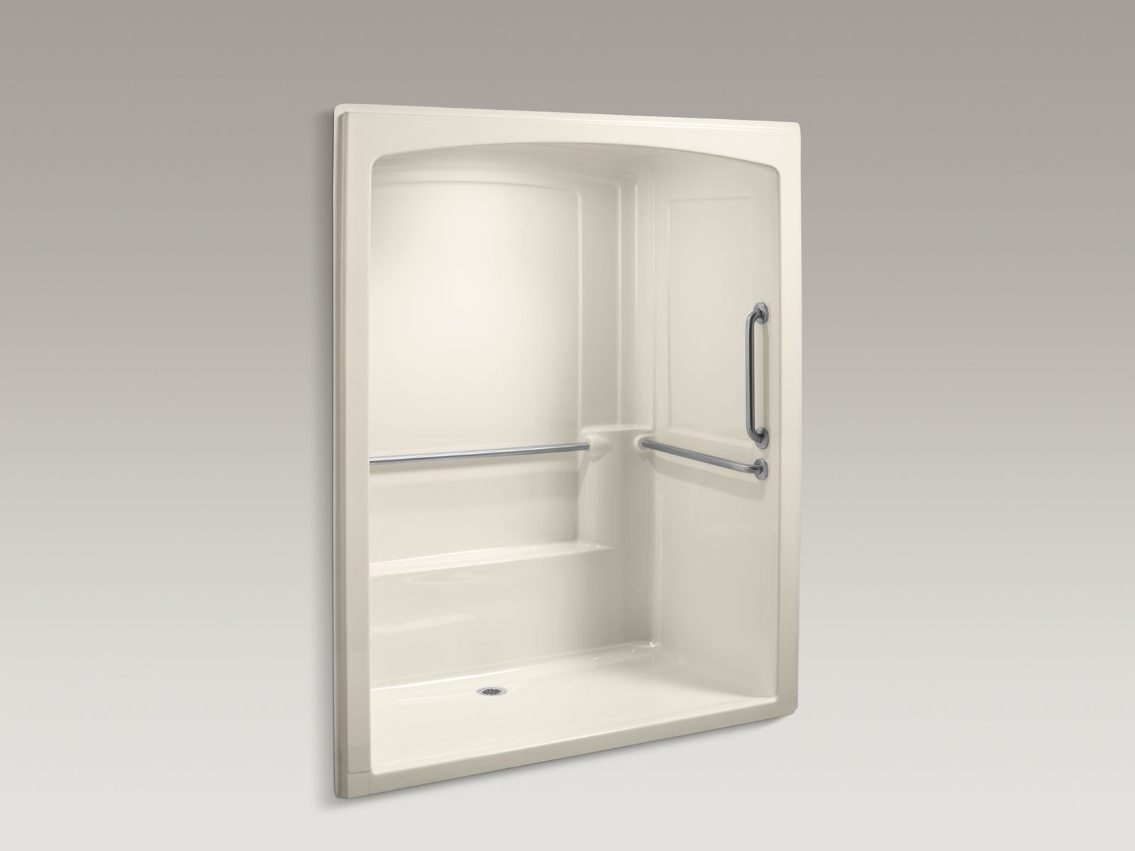 Freewill(R) 69-1/4" x 37-1/2" x 84" barrier-free wheelchair commercial shower stall with brushed stainless steel grab bars