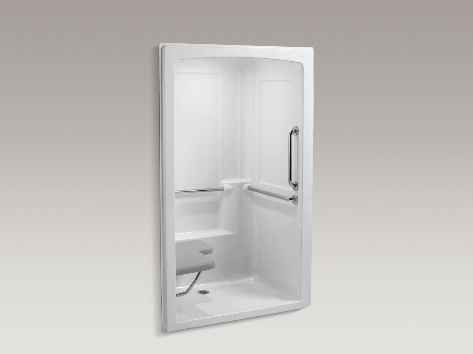 Freewill(R) 52" x 38-1/2" x 84" barrier-free shower stall with polished stainless steel grab bars and seat at left