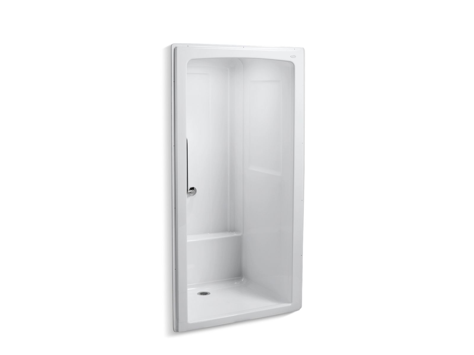 Freewill® 45" x 37-1/4" x 84" barrier-free commercial shower stall with soap ledge on left and polished stainless steel grab bars