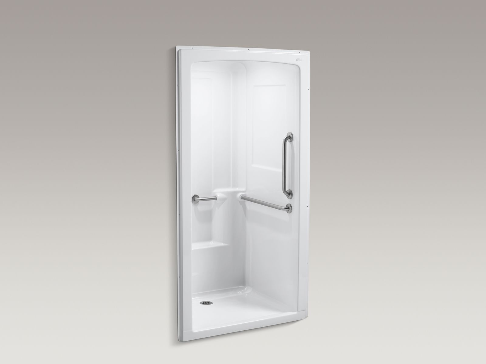 Freewill® 45" x 37-1/4" x 84" barrier-free commercial shower stall with soap ledge on right and brushed stainless steel grab bars