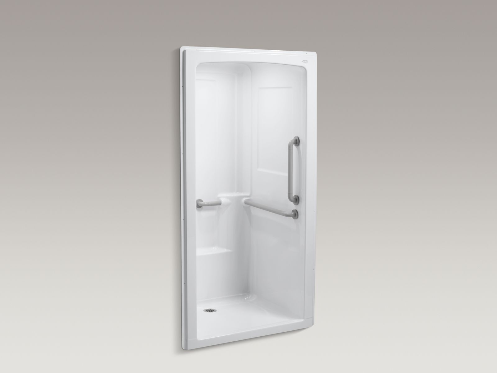 Freewill(R) 45" x 37-1/4" x 84" barrier-free commercial shower stall with soap ledge on right and polished stainless steel grab bars