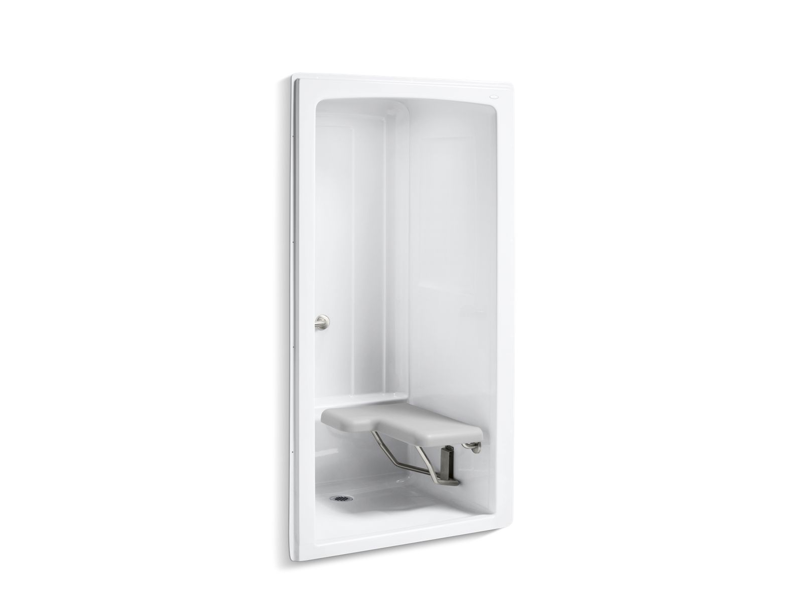 Freewill® 45" x 37-1/4" x 84" one-piece barrier-free transfer commercial shower stall with brushed stainless steel grab bars and right-hand seat