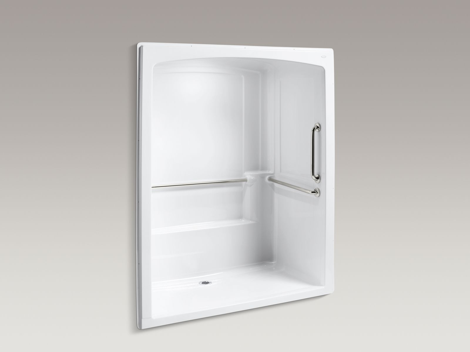 Freewill(R) 69-1/4" x 37-1/2" x 84" barrier-free wheelchair commercial shower stall with polished stainless steel grab bars