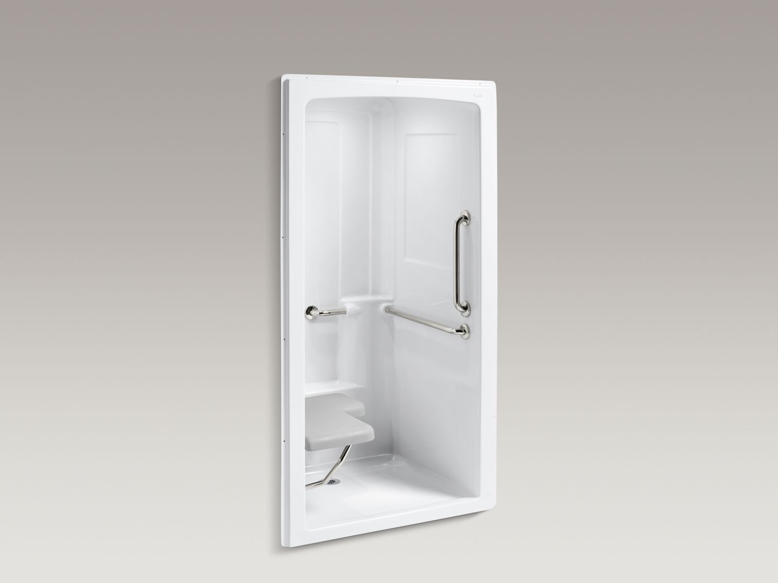 Freewill® 45" x 37-1/4" x 84" one-piece barrier-free transfer commercial shower stall with polished stainless steel grab bars and left-hand seat