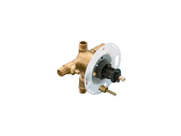 Rite-Temp(R) pressure-balancing valve with push-button diverter and screwdriver stops