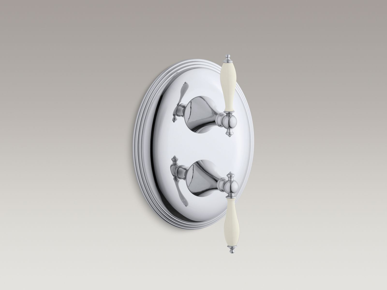 Finial(R) valve trim with lever handles with Biscuit handle inserts for stacked volume control and transfer valve, requires valve