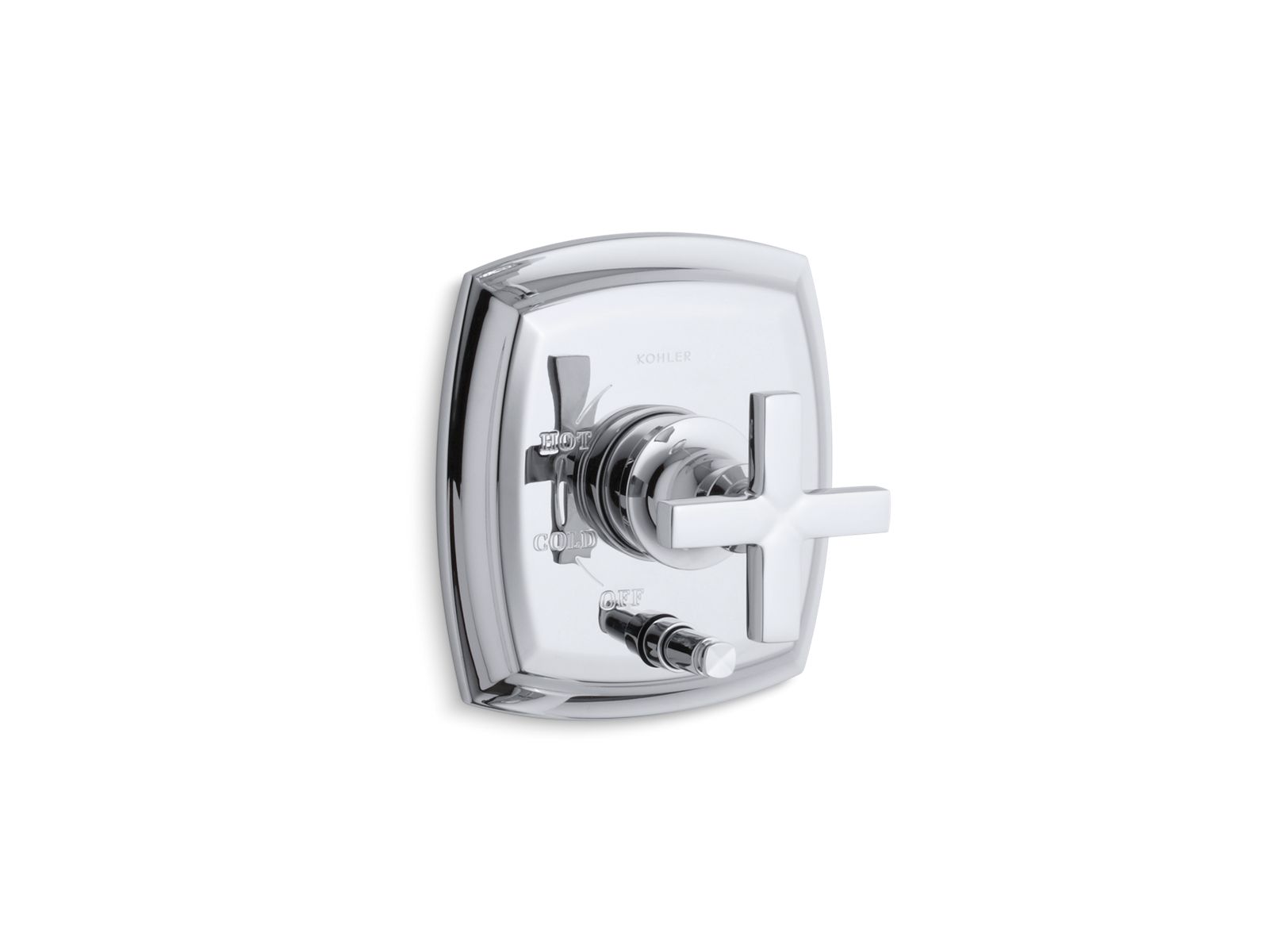 Margaux® Rite-Temp® pressure-balancing valve trim with push-button diverter and cross handles, valve not included