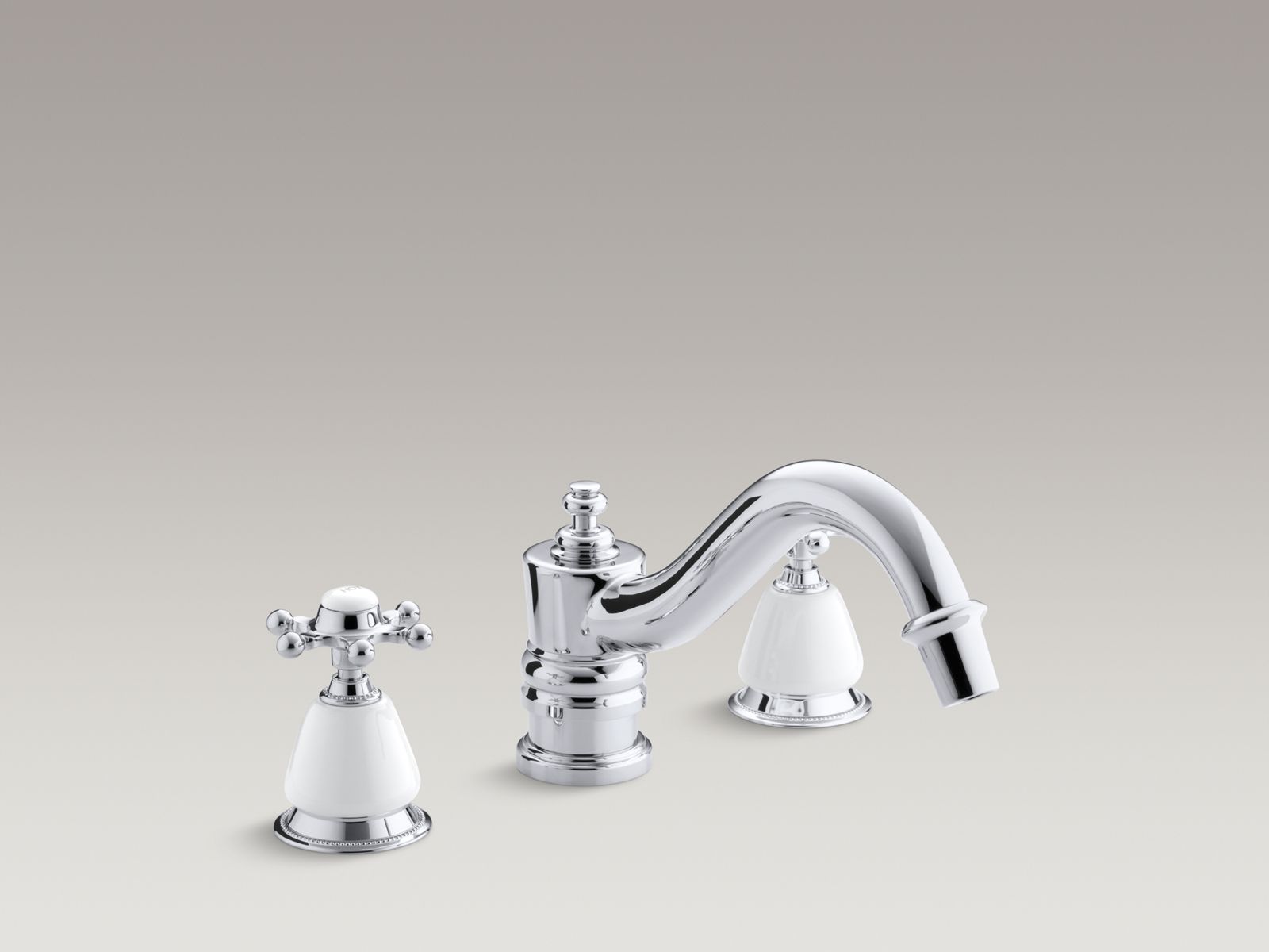 Antique bath faucet trim for deck-mount high-flow valve with 6-prong handles, requires ceramic handle insets and skirts, valve not included