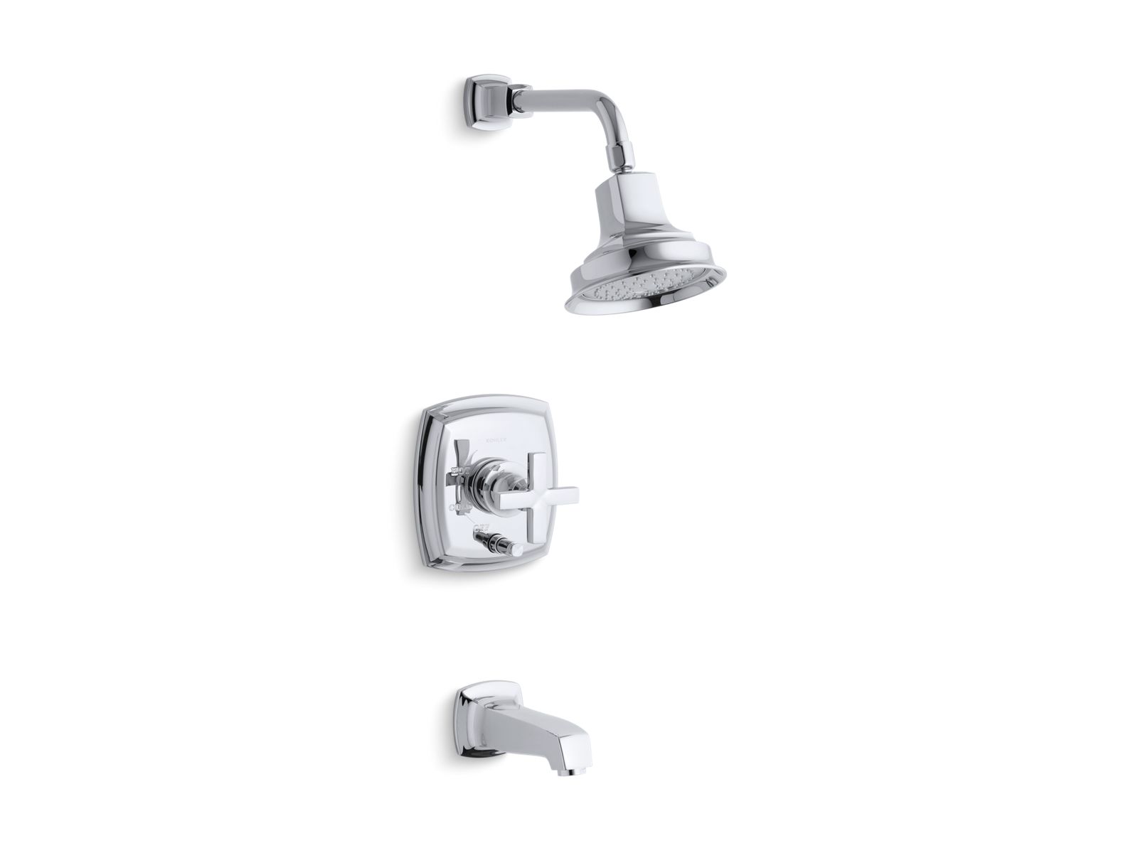 Margaux® Rite-Temp® pressure-balancing bath and shower faucet trim with push-button diverter and cross handle, valve not included
