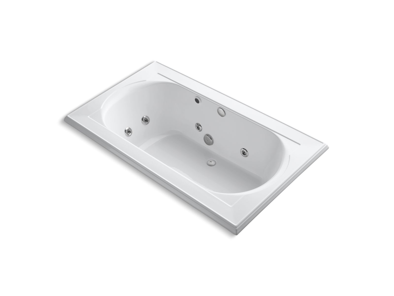 Memoirs® 72" x 42" drop-in whirlpool bath with end drain, heater and custom pump location without jet trim