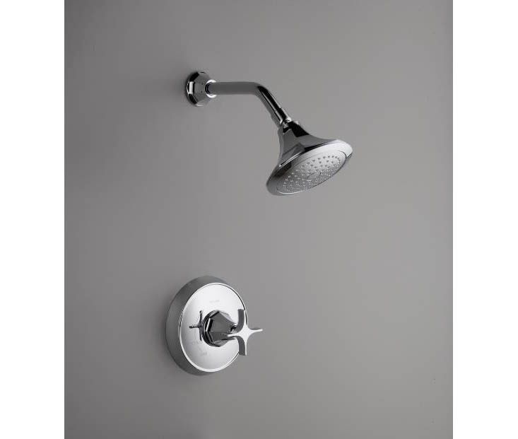 Memoirs(R) Rite-Temp(R) pressure-balancing shower faucet trim with classic design and cross handle, valve not included