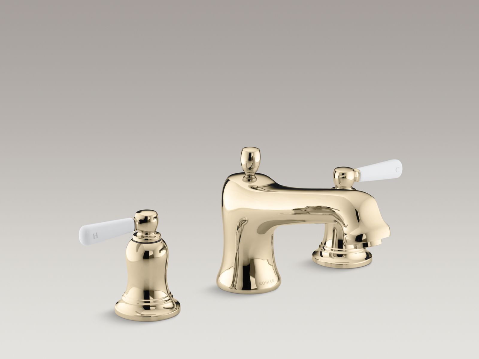 Bancroft® Bath faucet trim for deck-mount valve with diverter spout and White ceramic lever handles, valve not included